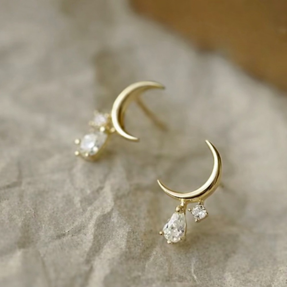 “Tears from the Moon” Crescent Sliver Dripping Crystals Swarovski Tiny 14K Studs - Picture 7 of 12